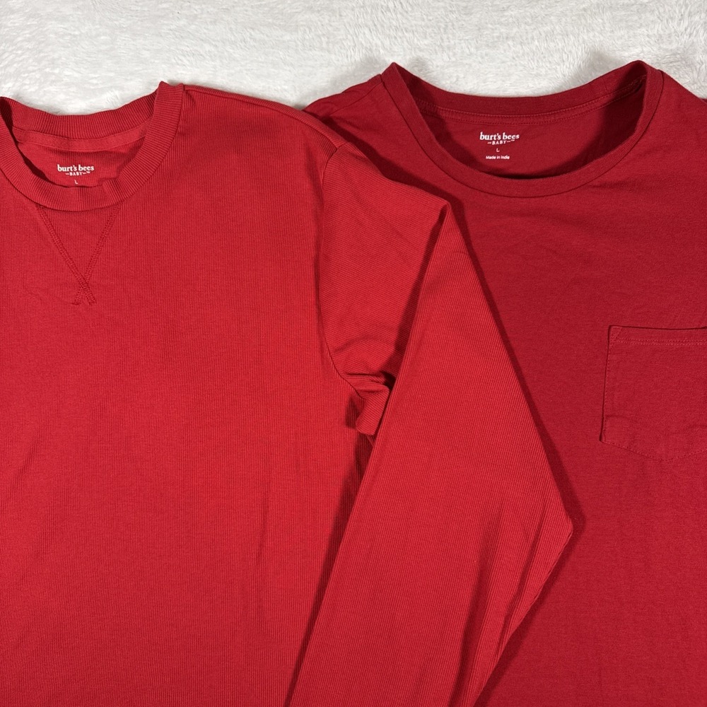 2 Burt's Bees Men's L‎ Red Organic Cotton Long Sleeve Shirts Lot
